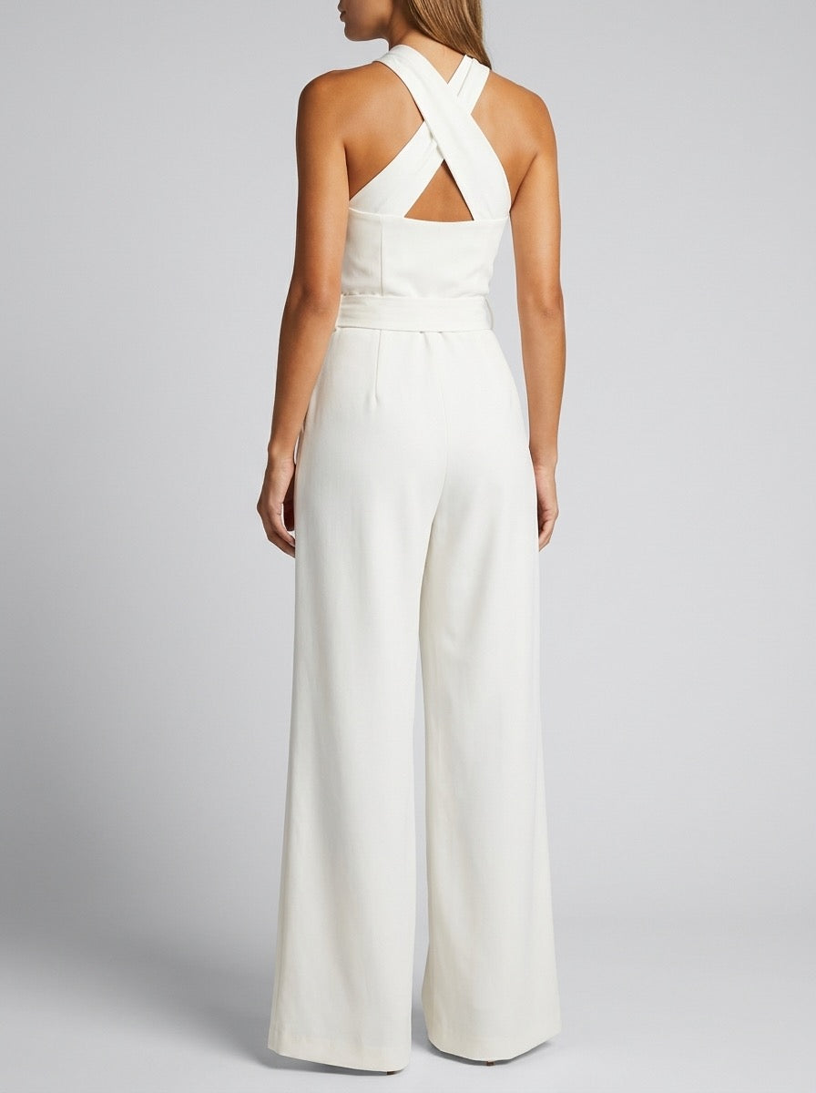Romana Cross-Halter Belted Wide-Leg Jumpsuit on model