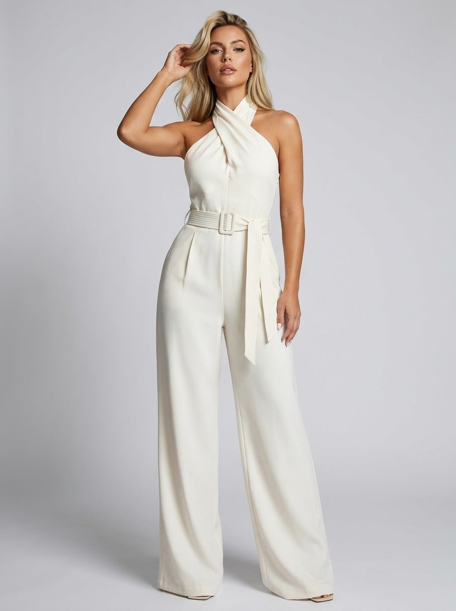 Romana Cross-Halter Belted Wide-Leg Jumpsuit on model