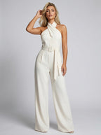 Romana Cross-Halter Belted Wide-Leg Jumpsuit on model