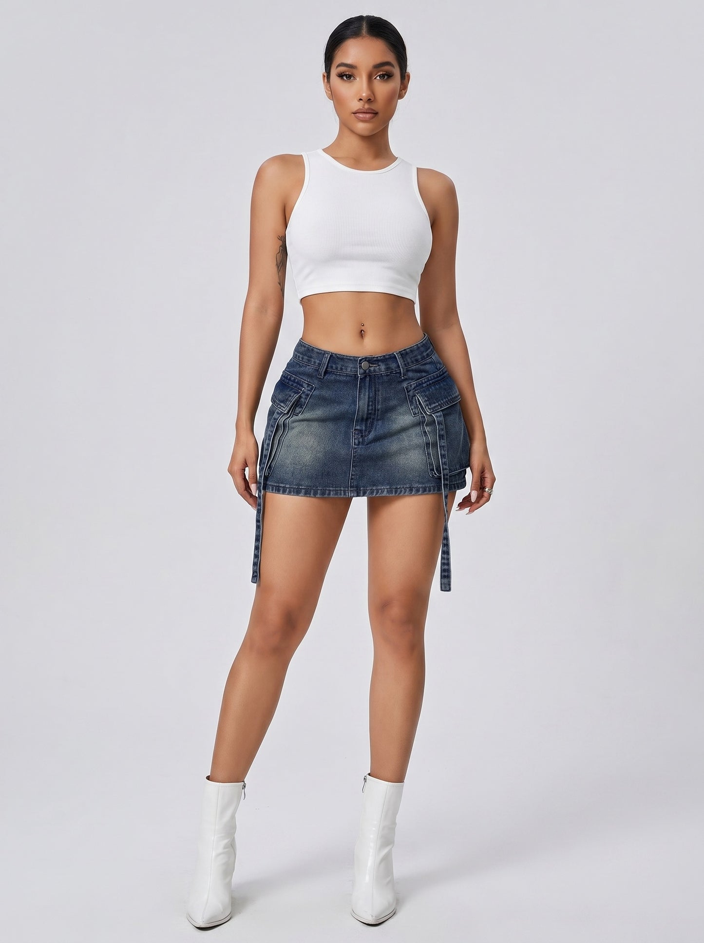 Romina Cargo Denim Mini Skirt on model