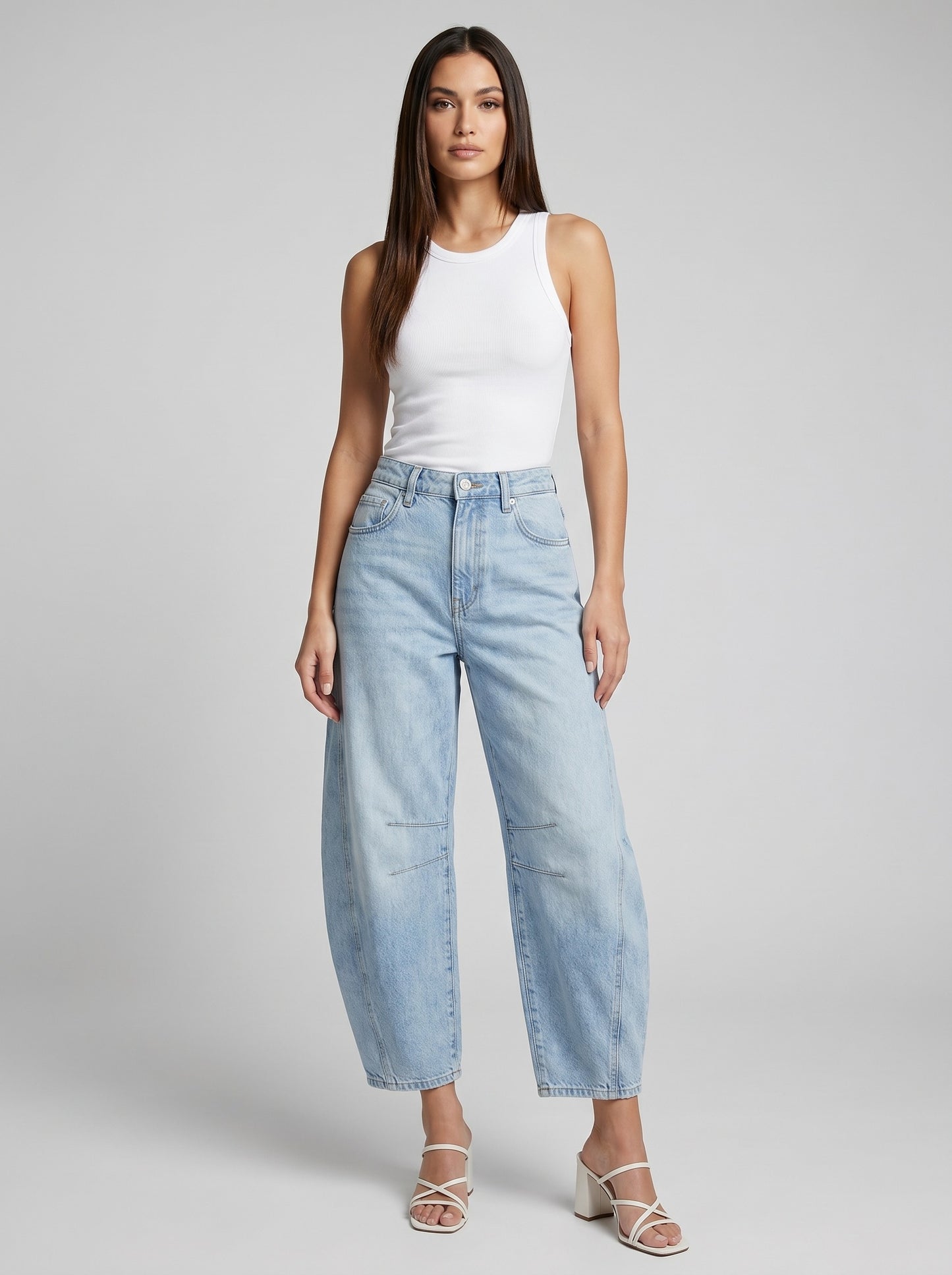 Romina Barrel Leg Jeans on model
