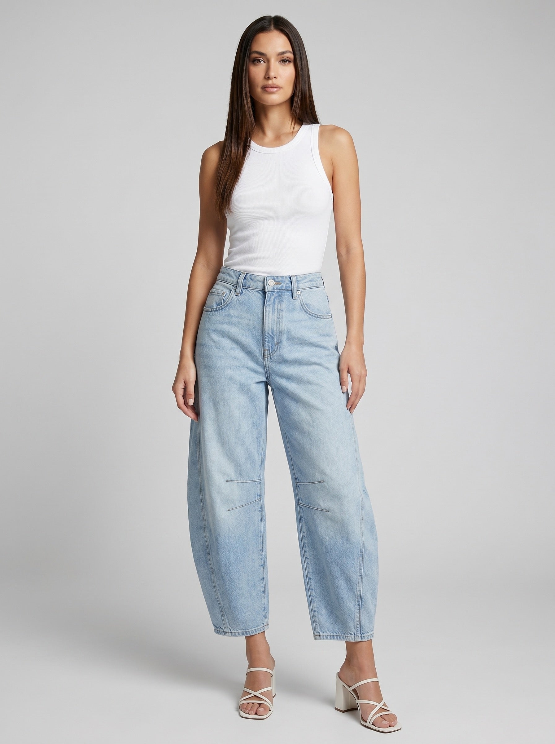 Romina Barrel Leg Jeans on model