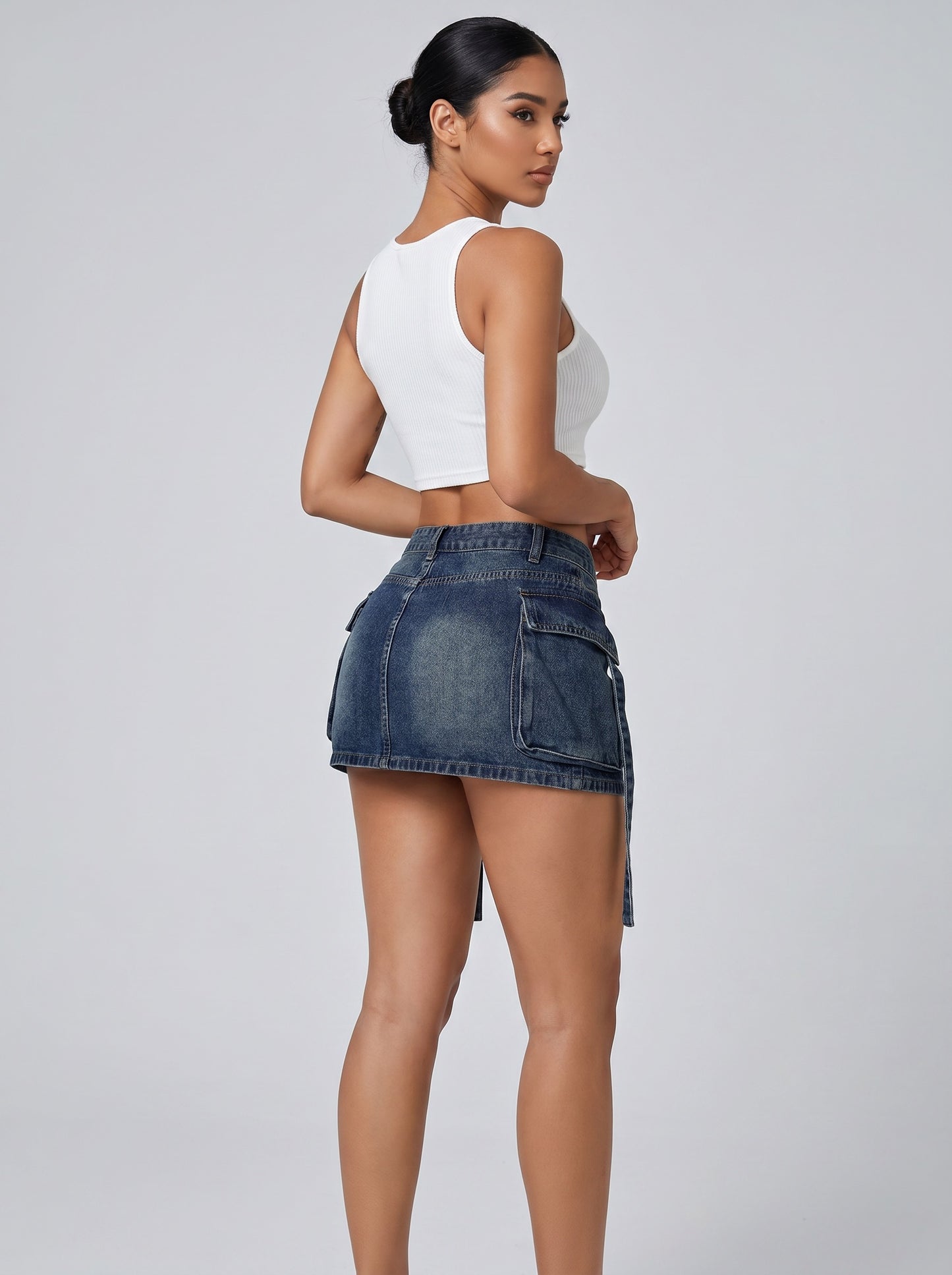 Romina Cargo Denim Mini Skirt on model