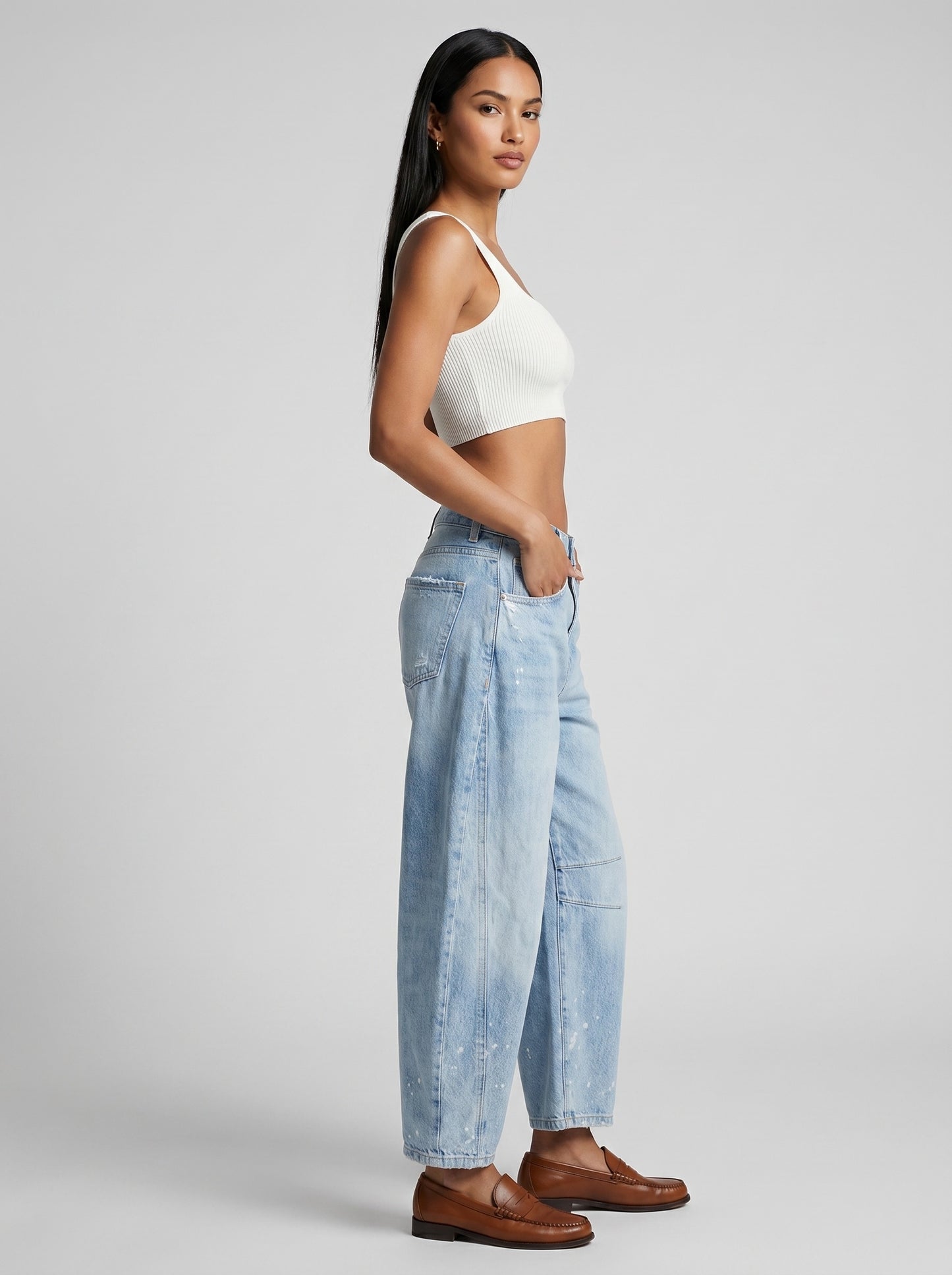 Romina Barrel Leg Jeans on model