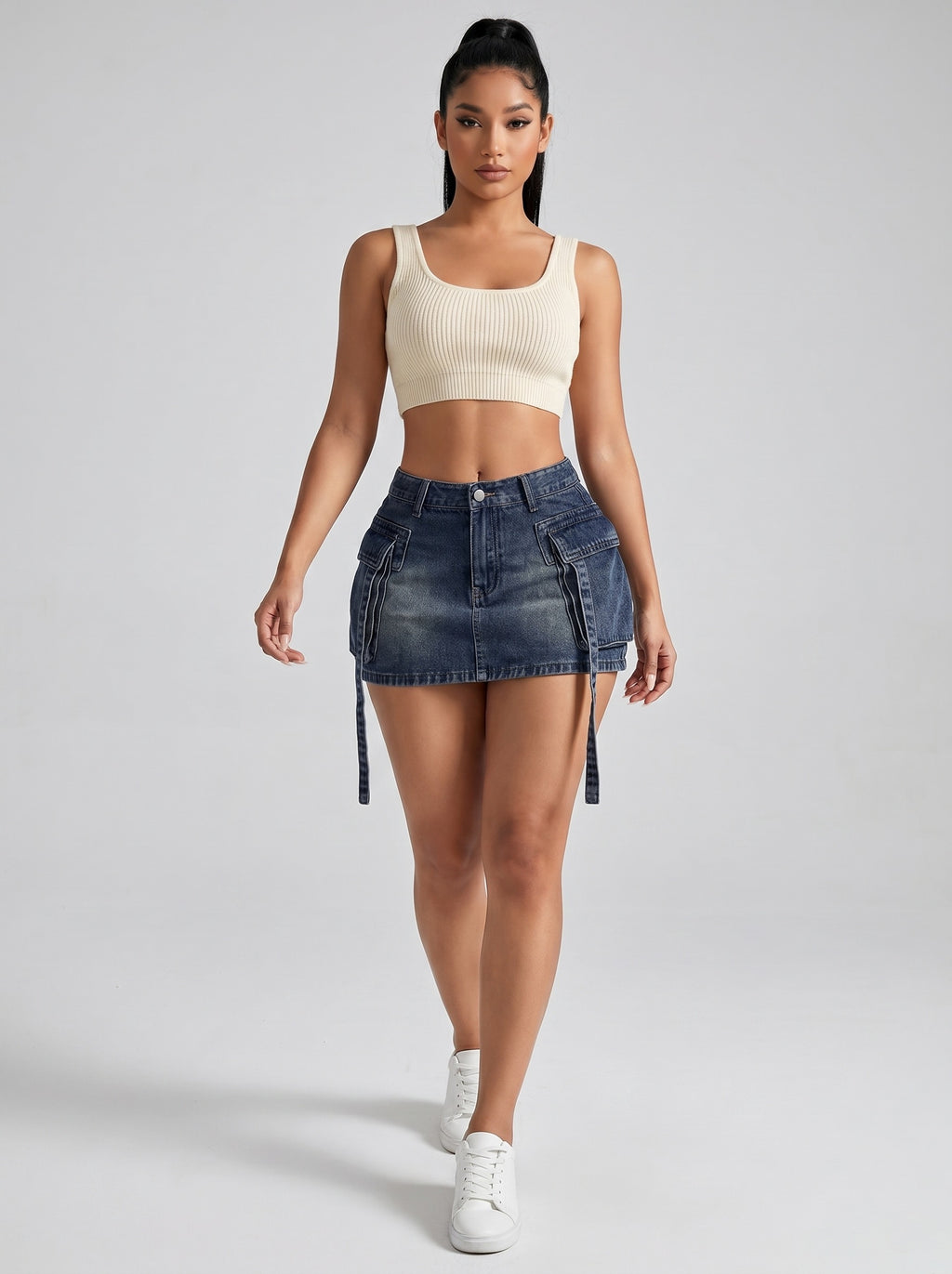 Romina Cargo Denim Mini Skirt on model