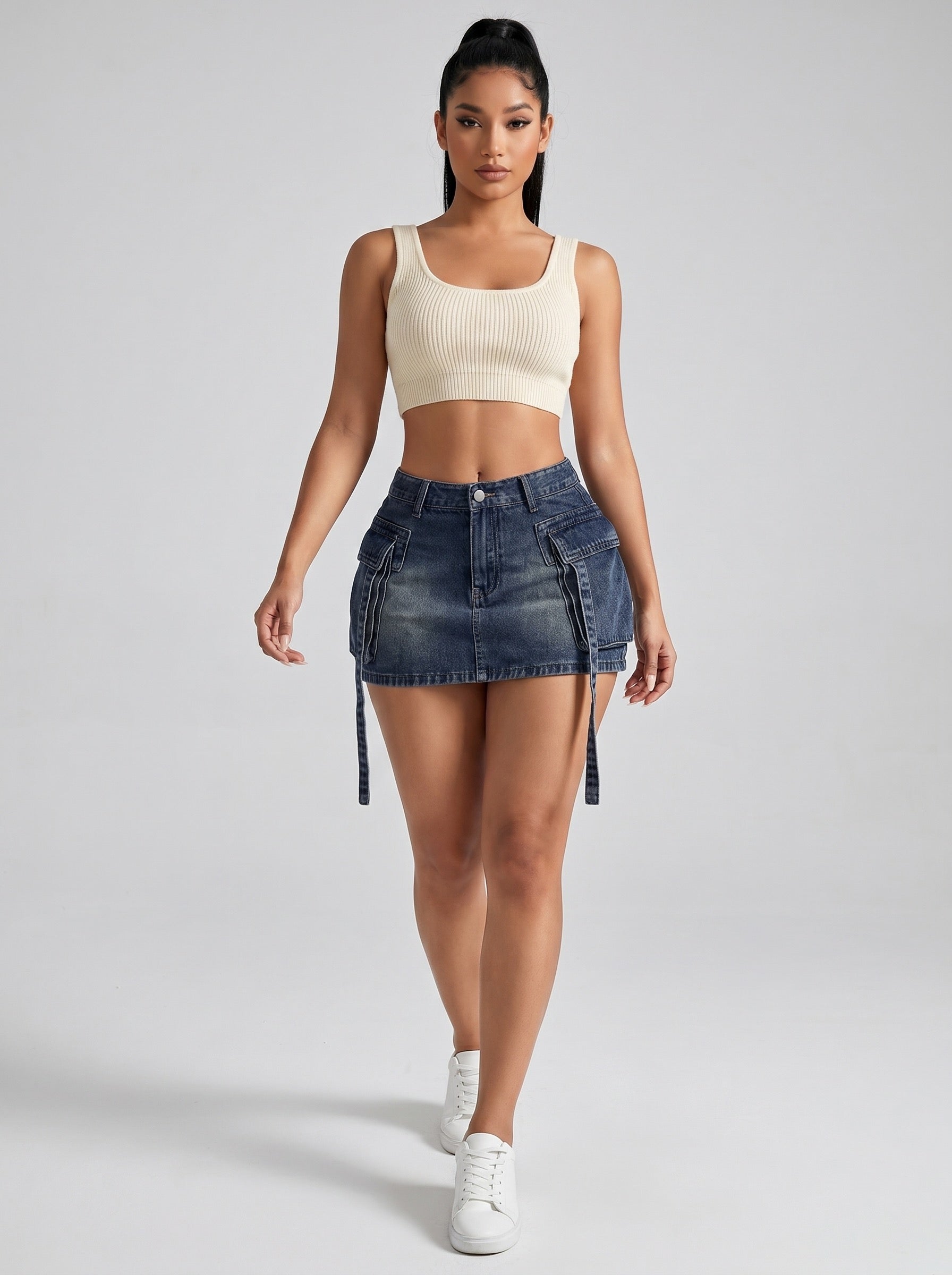 Romina Cargo Denim Mini Skirt on model