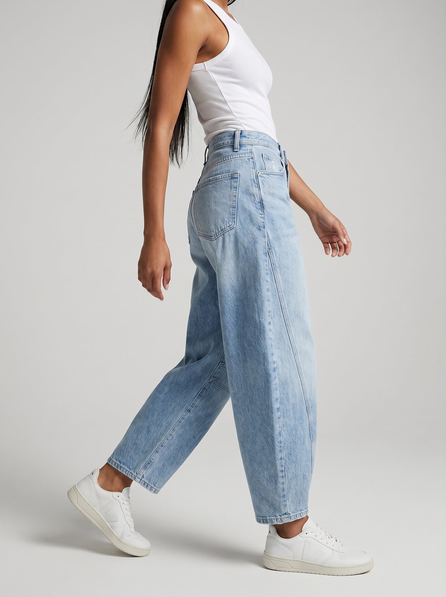 Romina Barrel Leg Jeans on model