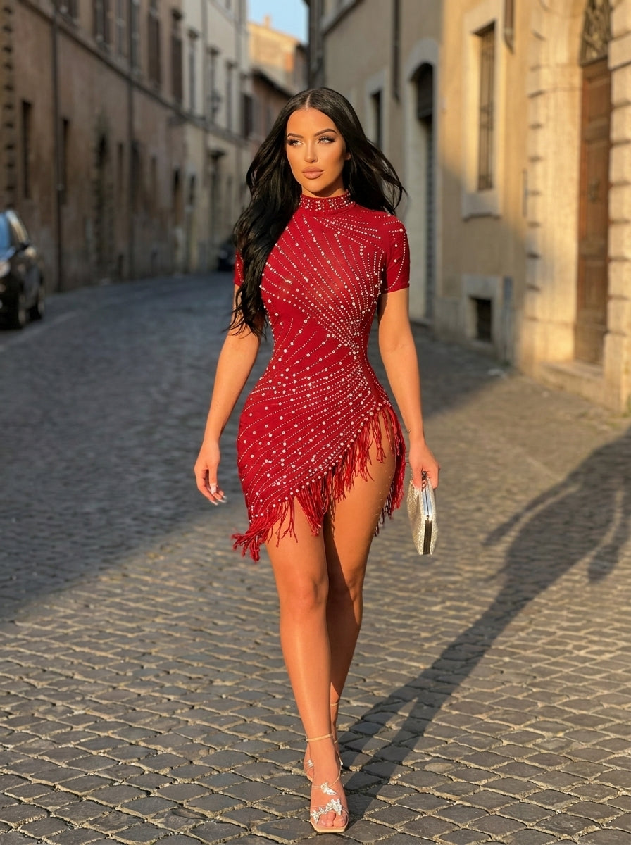 Rosalba Rhinestone Tassel Bodycon Mini Dress on model