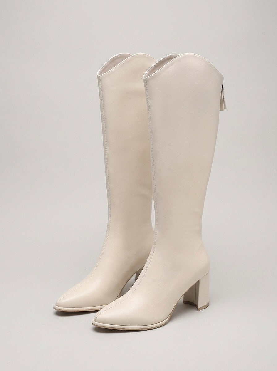 Rosalinda Pointed-Toe Knee-High Heeled Boots on model