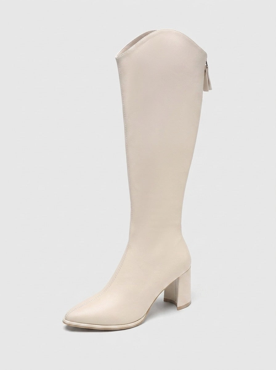 Rosalinda Pointed-Toe Knee-High Heeled Boots on model