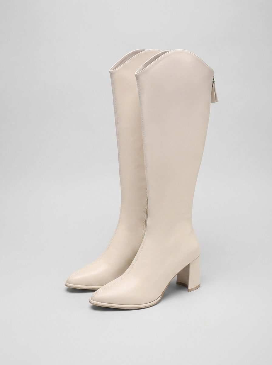 Rosalinda Pointed-Toe Knee-High Heeled Boots on model