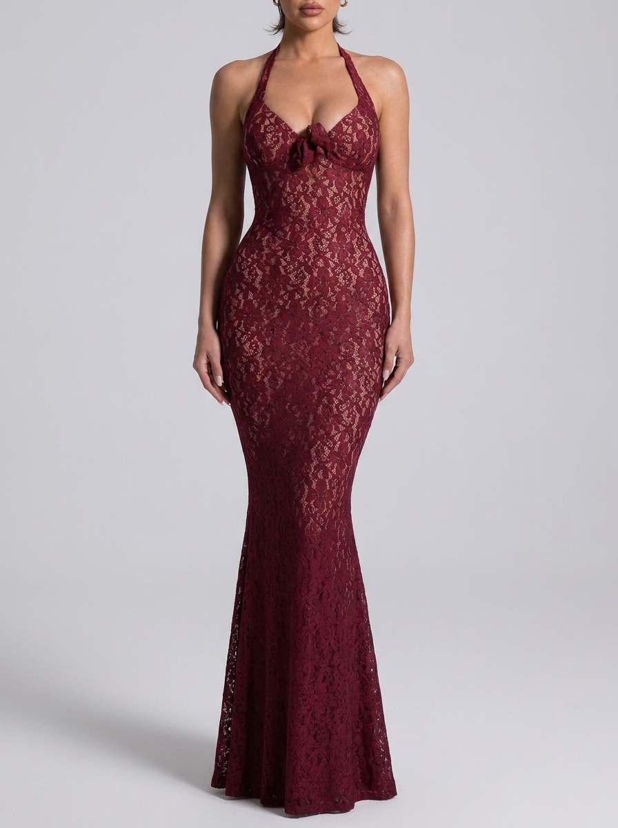Rosanna Burgundy Lace Bodycon Dress on model