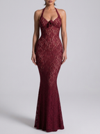Rosanna Burgundy Lace Bodycon Dress on model
