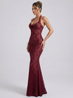 Rosanna Burgundy Lace Bodycon Dress on model