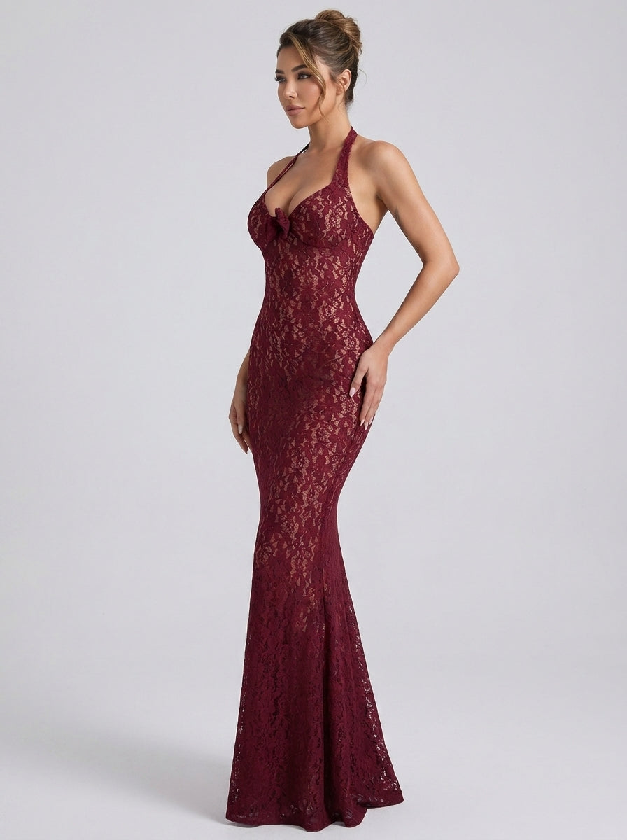 Rosanna Burgundy Lace Bodycon Dress on model