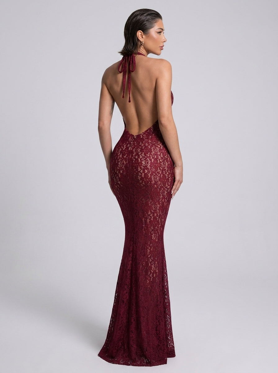 Rosanna Burgundy Lace Bodycon Dress on model