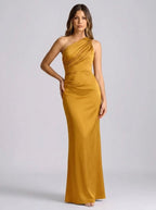 Rosella One-Shoulder Draped Satin Maxi Dress on model