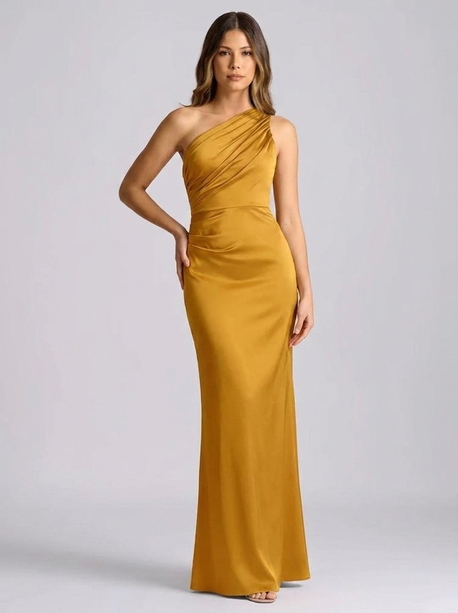 Rosella One-Shoulder Draped Satin Maxi Dress on model