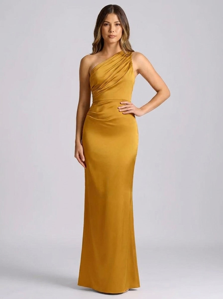 Rosella One-Shoulder Draped Satin Maxi Dress on model