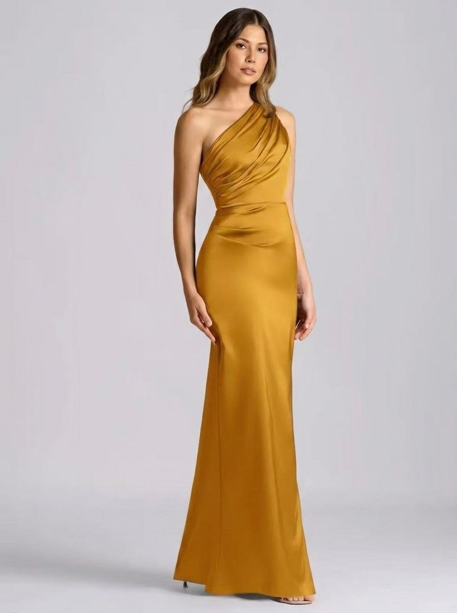 Rosella One-Shoulder Draped Satin Maxi Dress on model