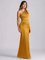 Rosella One-Shoulder Draped Satin Maxi Dress on model