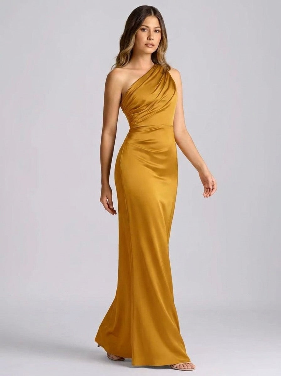 Rosella One-Shoulder Draped Satin Maxi Dress on model