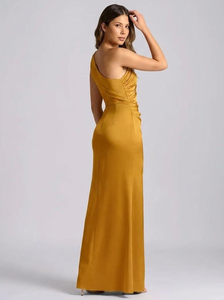 Rosella One-Shoulder Draped Satin Maxi Dress on model