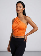Rossella One Shoulder Ruched Crop Top on model