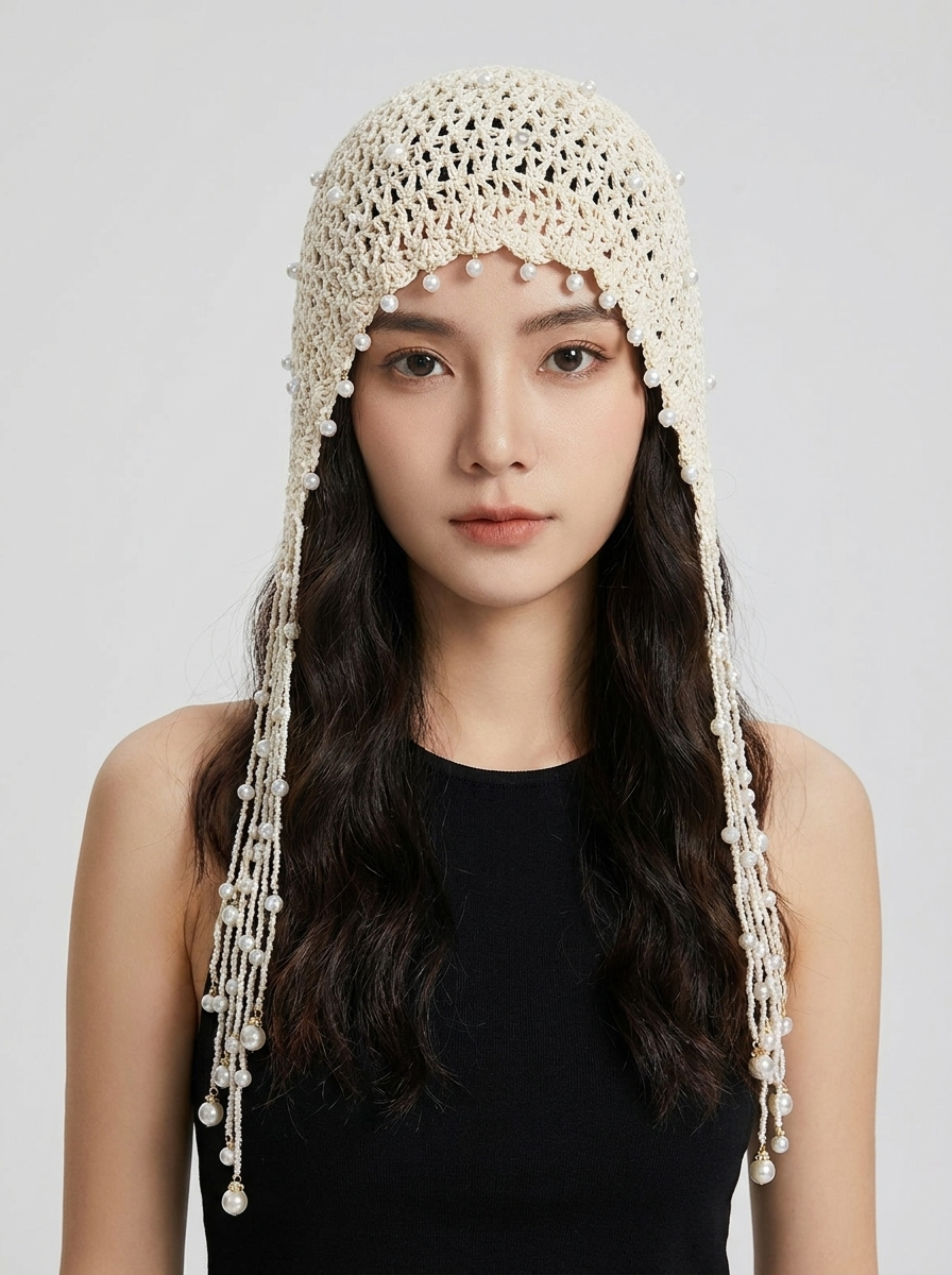 Saffira Pearl Tassel Knit Cap on model