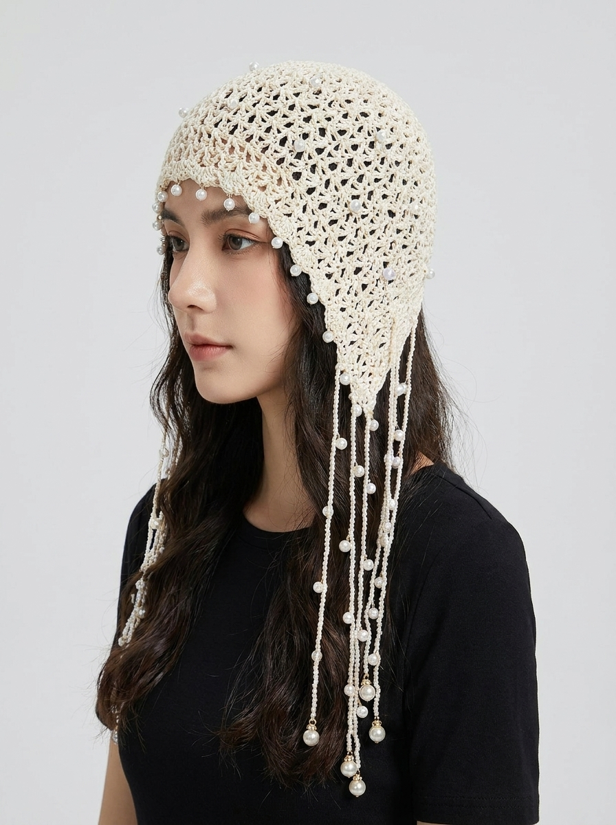 Saffira Pearl Tassel Knit Cap on model