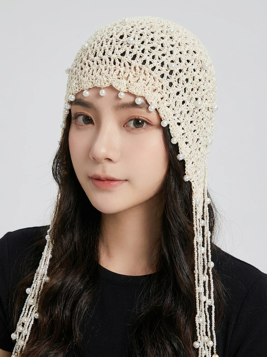 Saffira Pearl Tassel Knit Cap on model