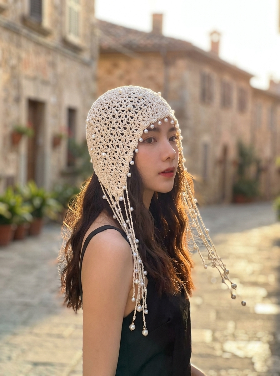 Saffira Pearl Tassel Knit Cap on model