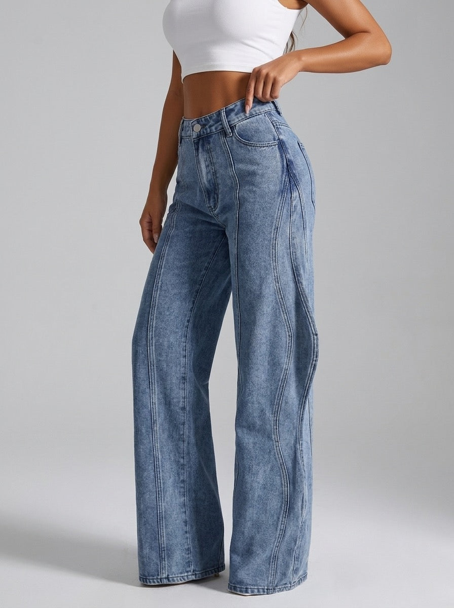 Santina High Waist Asymmetric Wide Leg Jeans on model