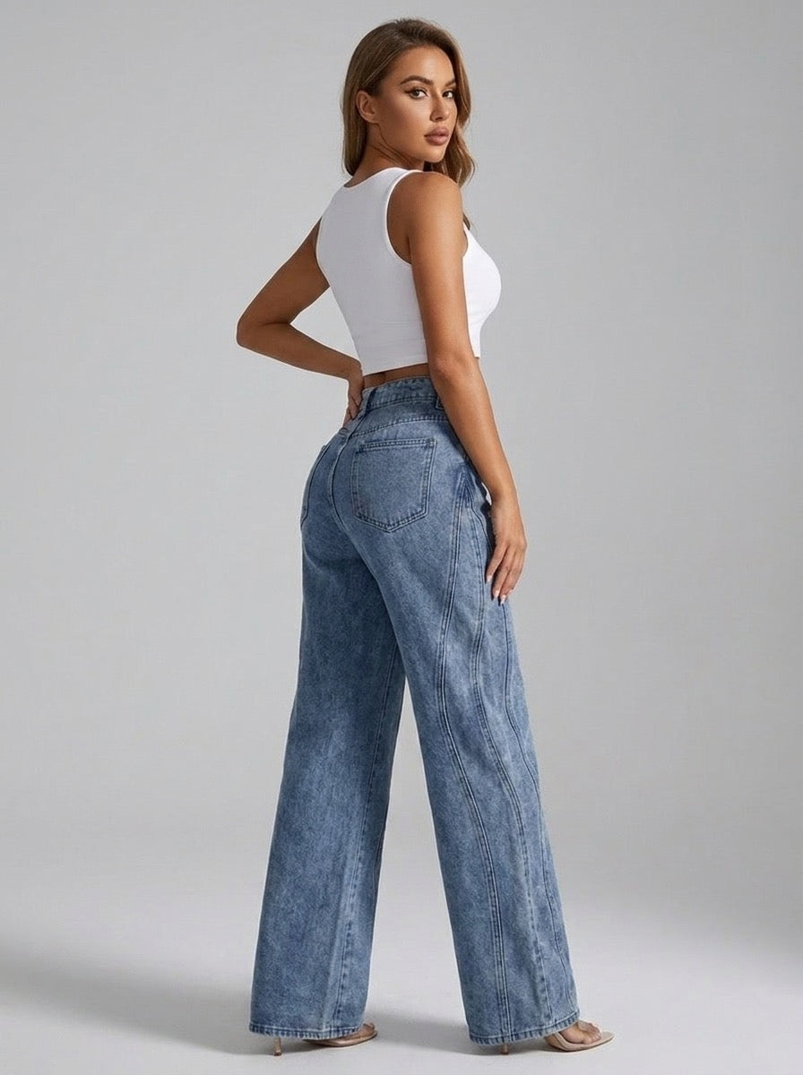 Santina High Waist Asymmetric Wide Leg Jeans on model