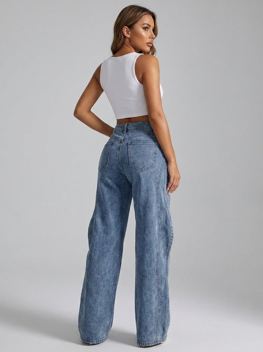 Santina High Waist Asymmetric Wide Leg Jeans on model