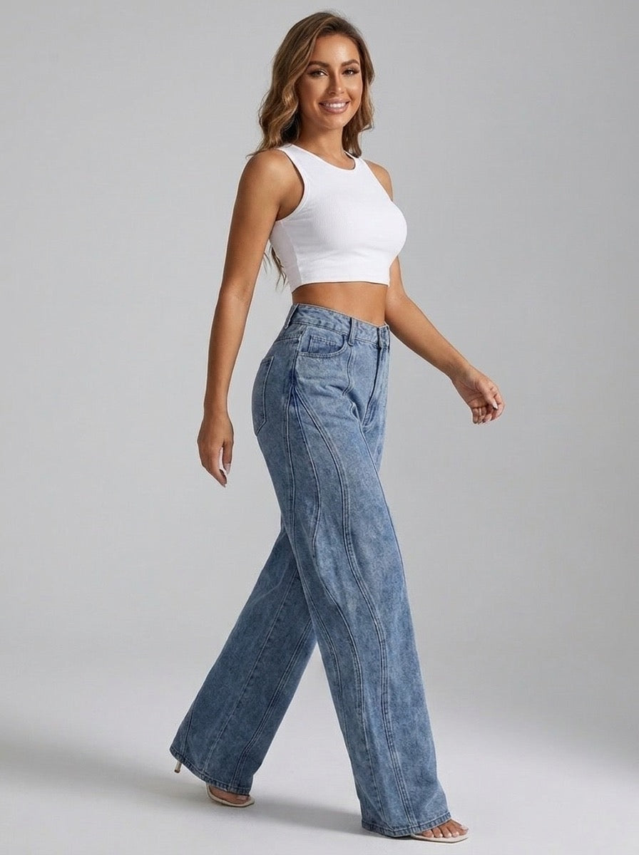 Santina High Waist Asymmetric Wide Leg Jeans on model