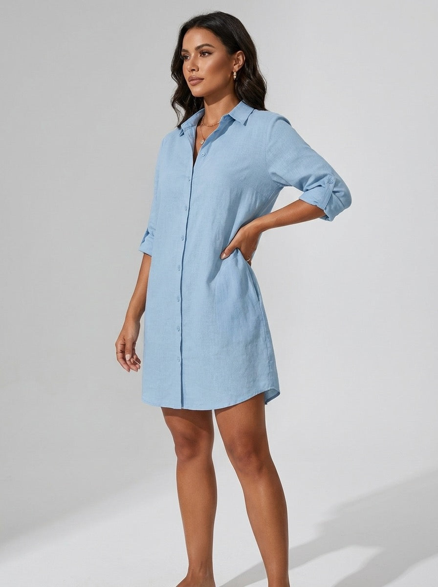 Savina Cotton-Linen Shirt Dress on model