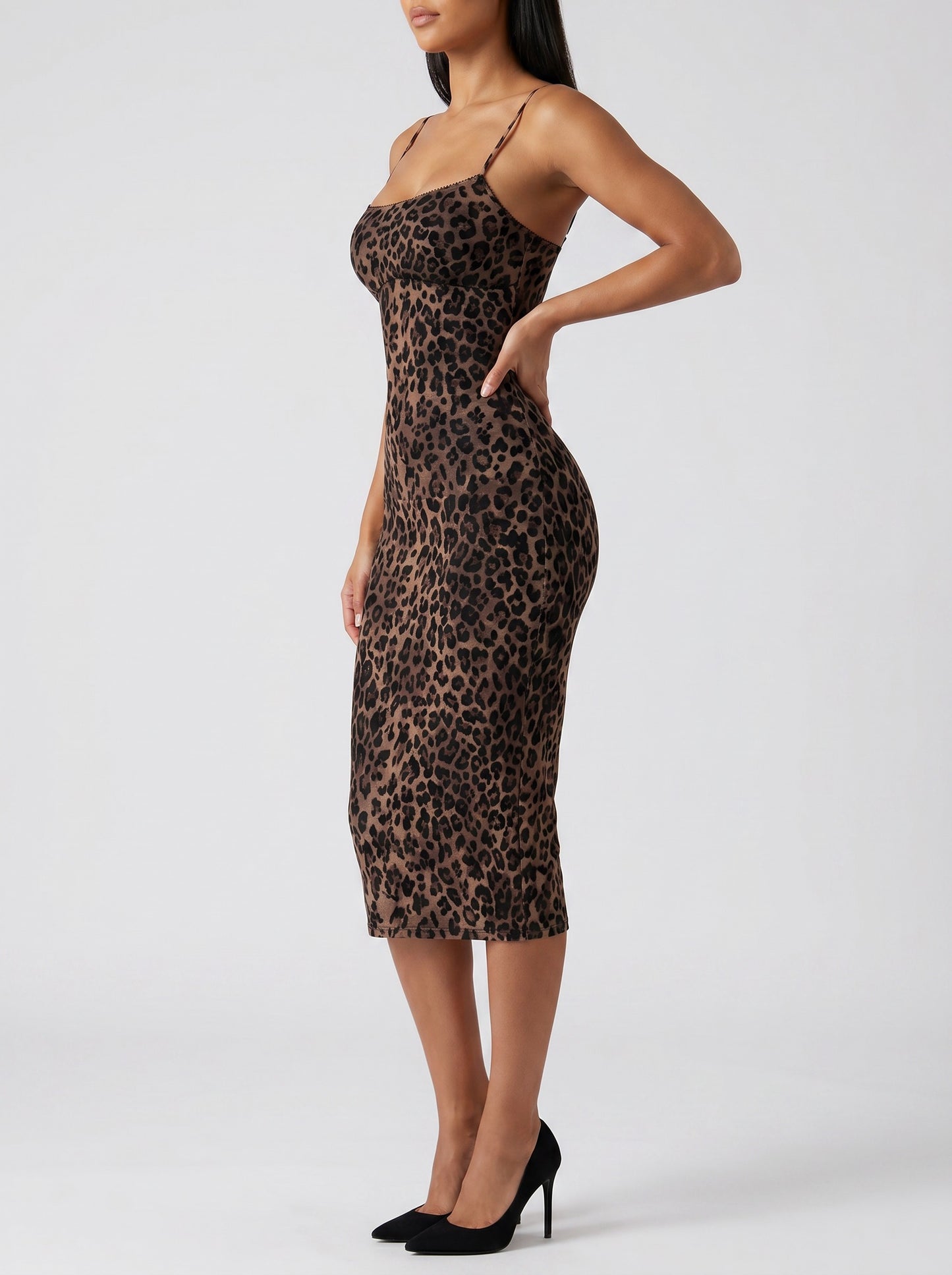 Selene Leopard Slip Midi Dress on model