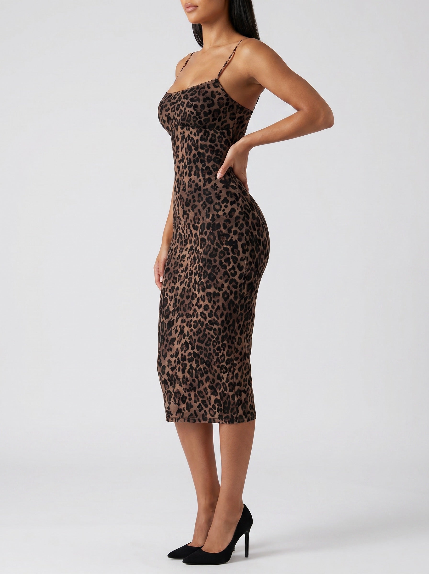 Selene Leopard Slip Midi Dress on model