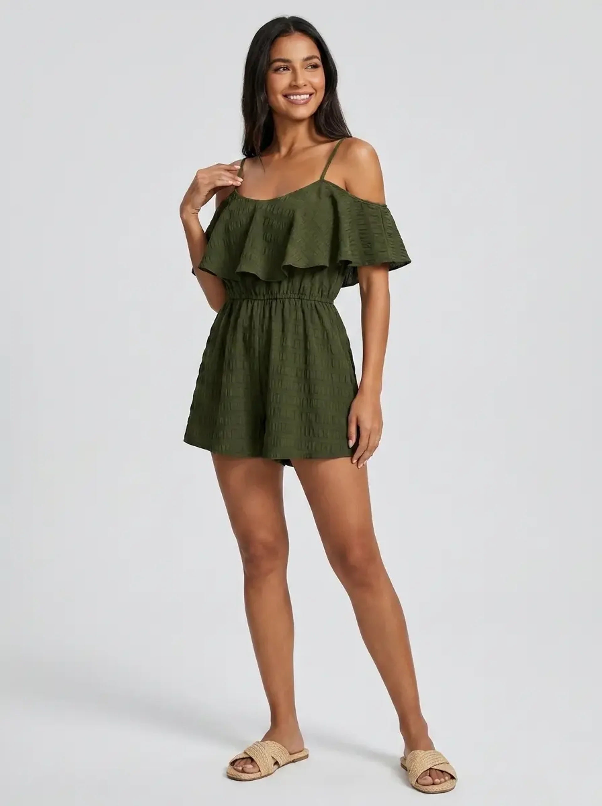Selvaggia Cold-Shoulder Romper on model