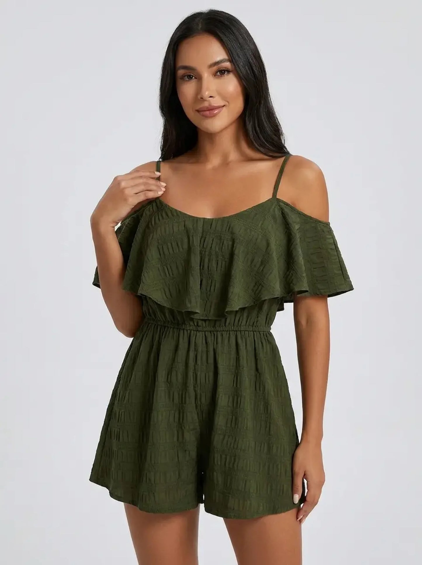 Selvaggia Cold-Shoulder Romper on model