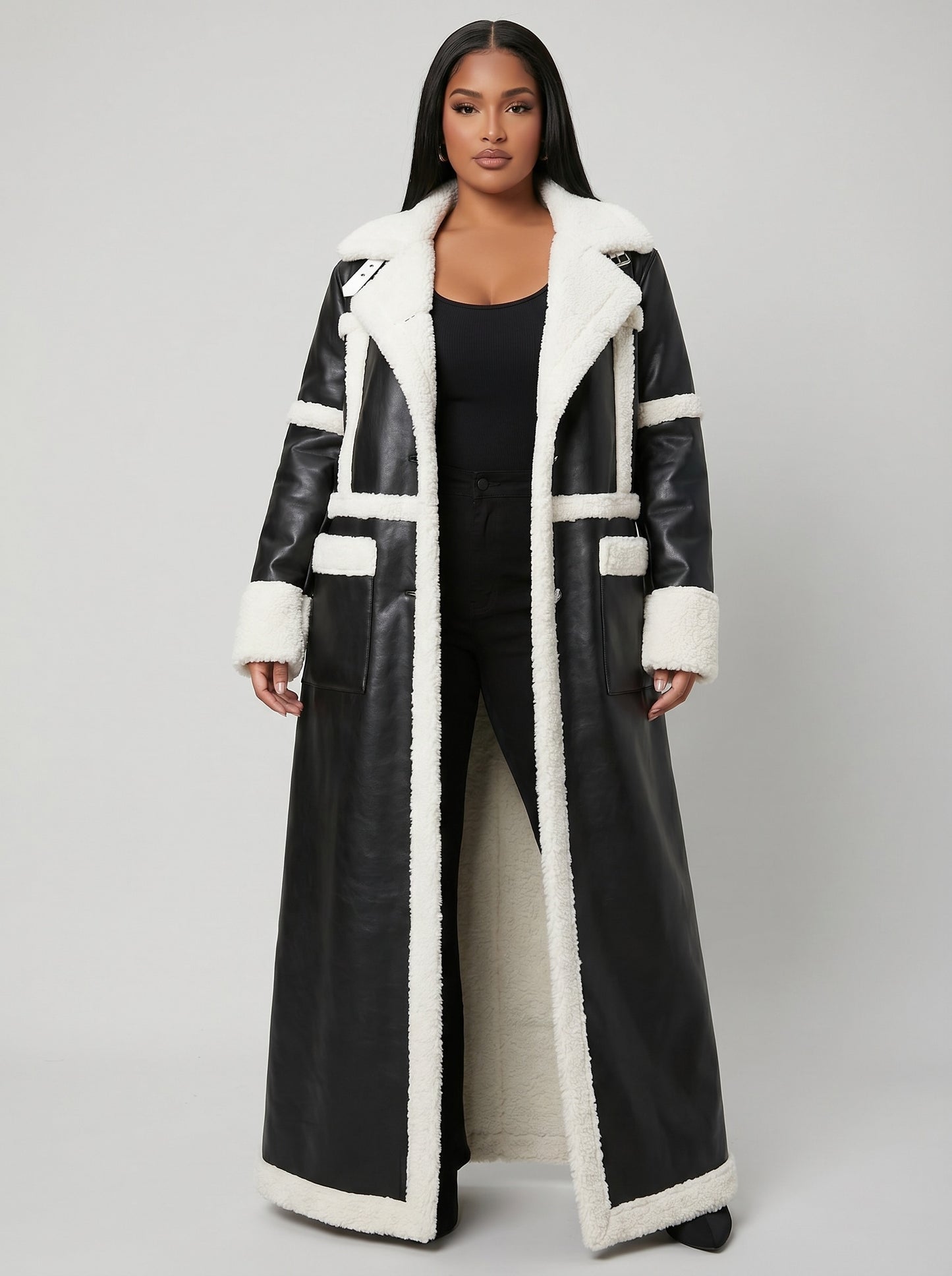 Serafina Shearling-Trim Faux Leather Trench on model
