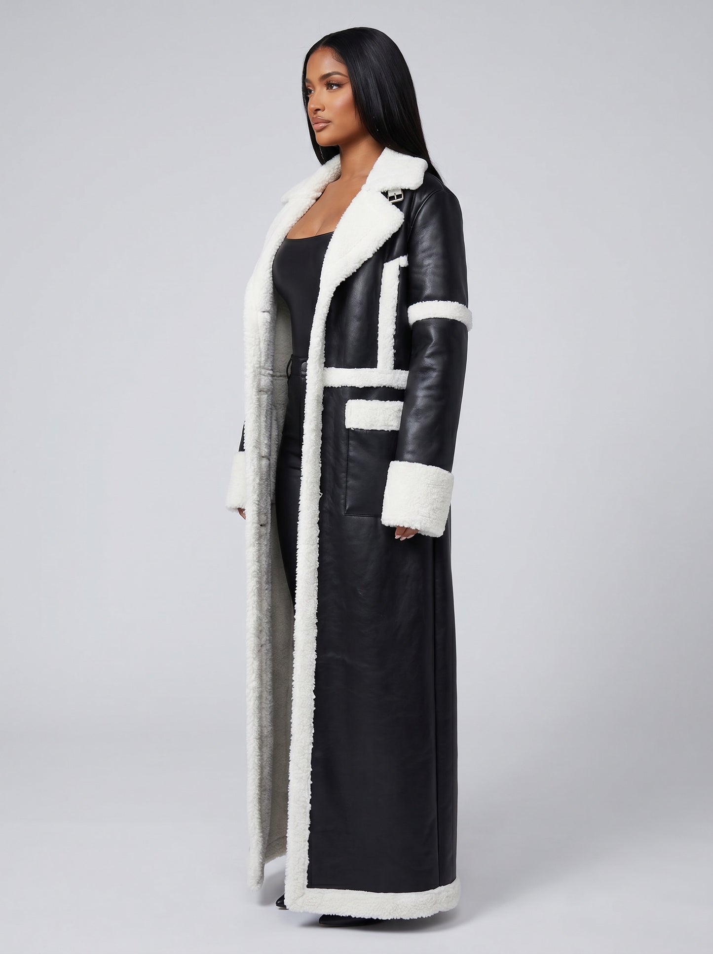 Serafina Shearling-Trim Faux Leather Trench on model