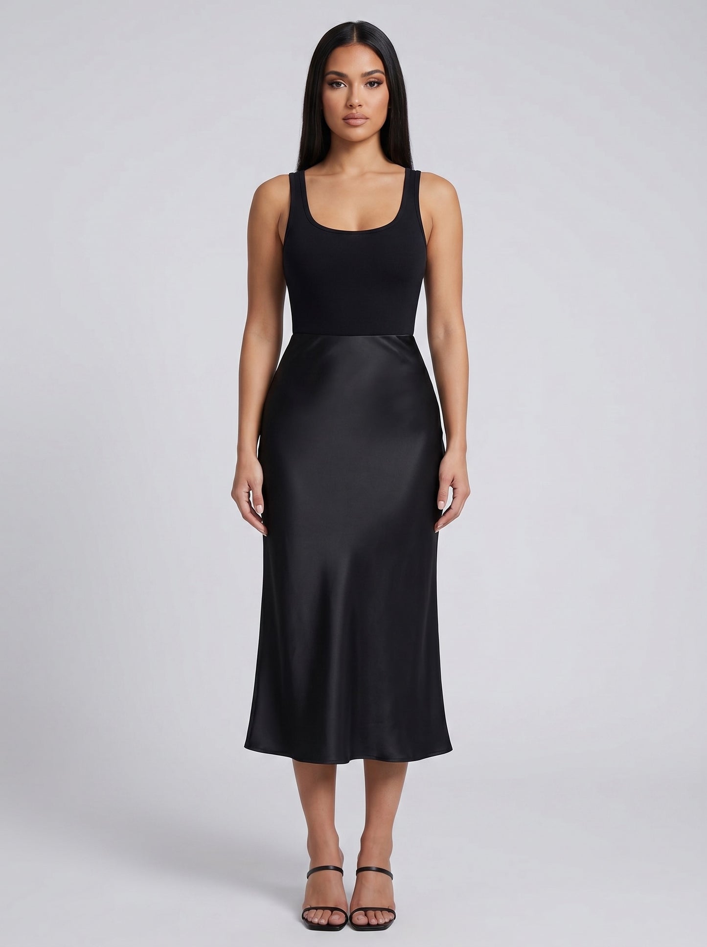 Serena Satin Bias Midi Skirt on model
