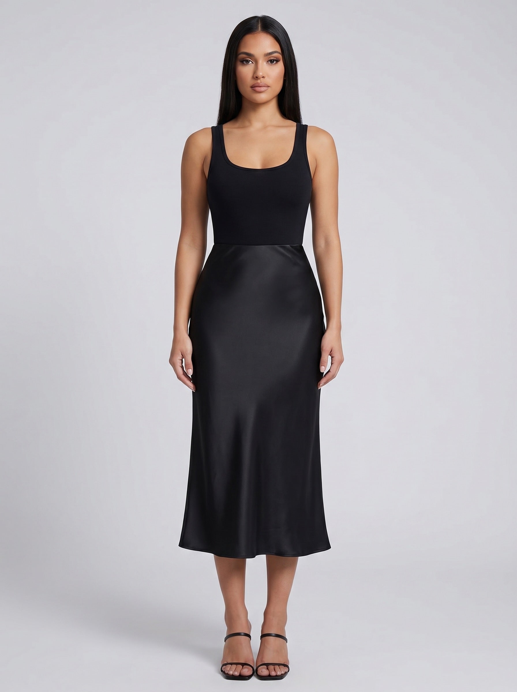 Serena Satin Bias Midi Skirt on model