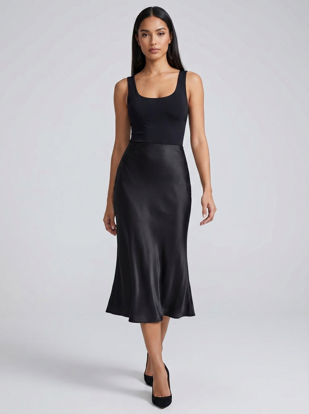 Serena Satin Bias Midi Skirt on model
