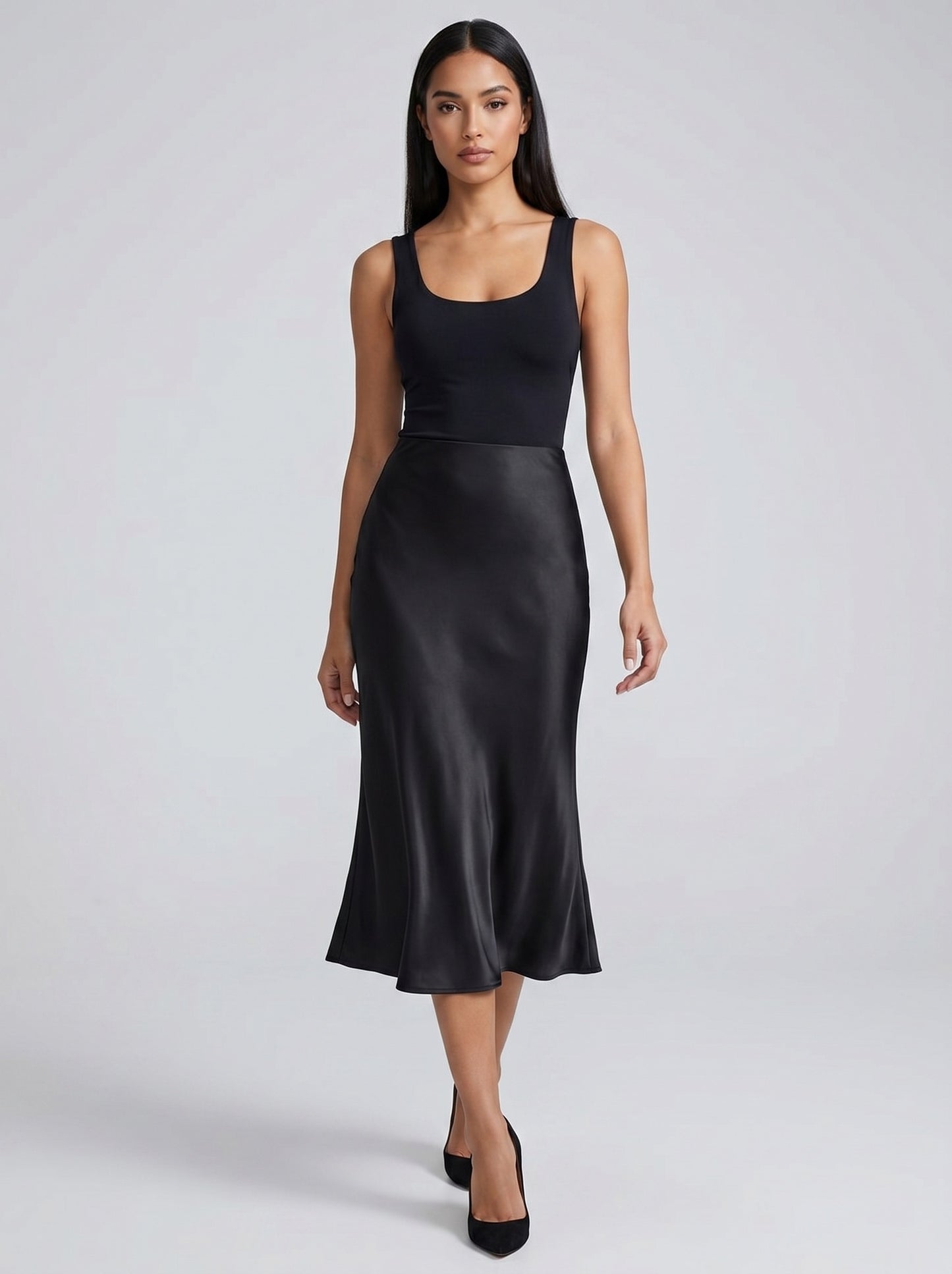Serena Satin Bias Midi Skirt on model
