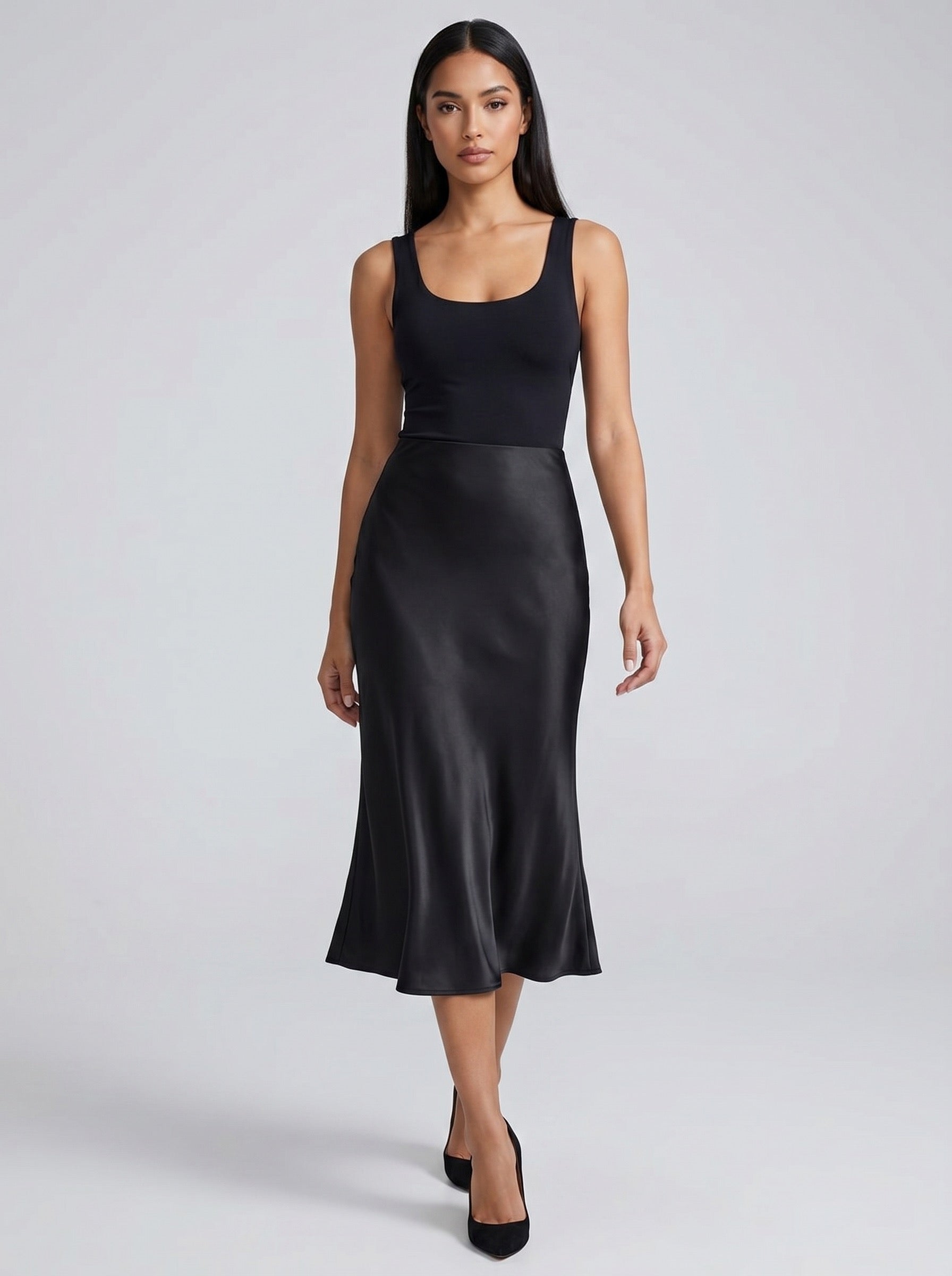 Serena Satin Bias Midi Skirt on model