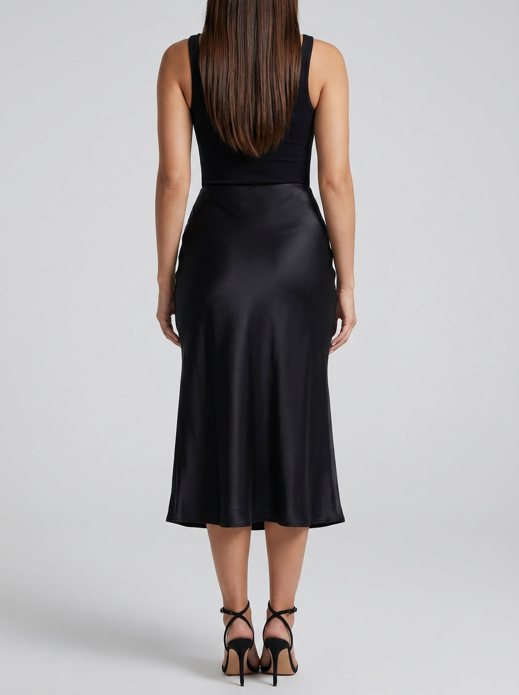 Serena Satin Bias Midi Skirt on model
