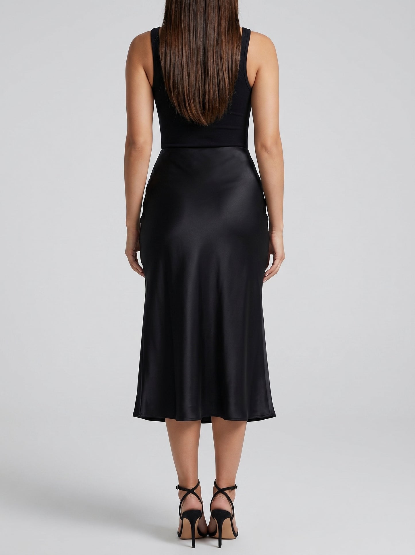 Serena Satin Bias Midi Skirt on model